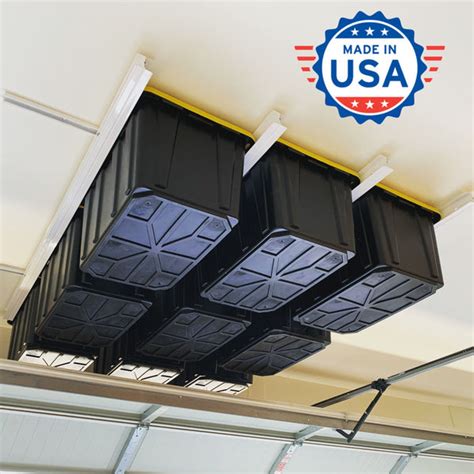 metal hanging ceiling brackets garage door|Tote Slide PRO Overhead Garage Storage Rack.